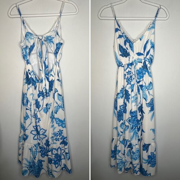 Flying Tomato Blue Floral Back Tie Midi Dress Size Small - Picture 2 of 6